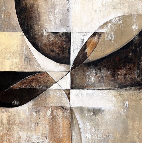 Large Abstract Geometric Painting – Modern Acrylic Canvas Art in Brown, Beige and Black 100x100cm van Tatiana Malinovscaia, Schilderij te koop op Singulart