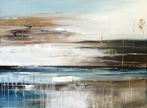 Horizons of Light – Abstract Acrylic Painting in Blue, Brown and White van Tatiana Malinovscaia, Schilderij te koop op Singulart