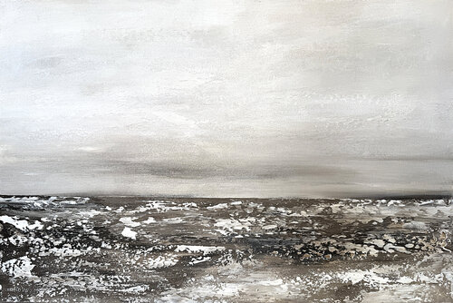 Abstract Seascape in Grey, White and Raw Umber – Acrylic Canvas Painting 90x60cm di Tatiana Malinovscaia, Pittura in vendita su Singulart