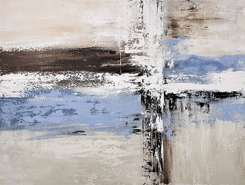 Crossing Reflections – Beige, Blue, Black, Large Textured Painting on Canvas par Tatiana Malinovscaia, Peinture en vente sur Singulart