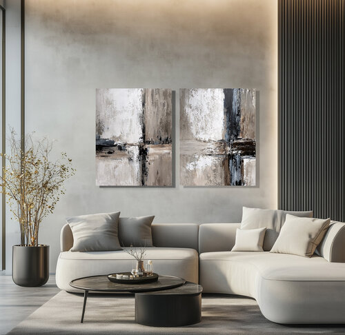 Timeless Balance – Large Beige and Grey Abstract Diptych, Textured Acrylic Art on Canvas, Neutral Modern Wall Art Set van Tatiana Malinovscaia, Schilderij te koop op Singulart