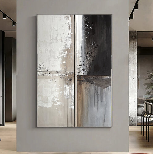 Fragments of Stillness – Large Neutral Abstract Painting, Beige Grey and Payne’s Grey Textured Acrylic on Canvas, Modern Minimalist Wall Art by Tatiana Malinovscaia, Painting for Sale on Singulart