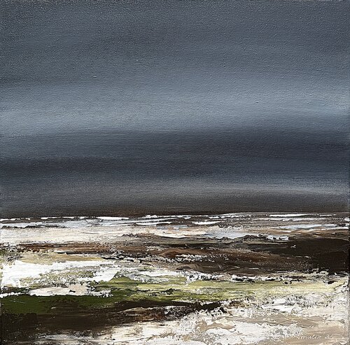 Beneath the Storm – Small Abstract Landscape Painting in Grey, Blue, and Earth Tones, Textured Acrylic on Canvas, Modern Wall Art Tatiana Malinovscaia