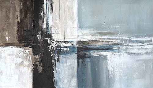 Merging Paths – Large Textured Abstract Painting in Blue, Grey, Brown and White, Acrylic on Canvas, Modern Contemporary Wall Art by Tatiana Malinovscaia, Painting for Sale on Singulart