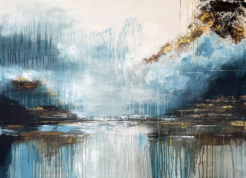 Beyond the Veil of Light – Large Abstract Acrylic Painting on Canvas, Blue and Gold Textured Wall Art, Modern Contemporary Artwork for Home Decor par Tatiana Malinovscaia, Peinture en vente sur Singulart