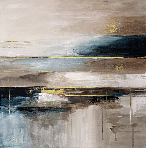 Reflections Within – Original Abstract Acrylic Painting on Canvas, Neutral Beige Blue and Gold Tones par Tatiana Malinovscaia, Peinture en vente sur Singulart