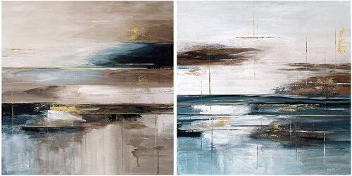 Light Between Worlds – Original Abstract Diptych Acrylic Paintings on Canvas, Beige Blue and Gold par Tatiana Malinovscaia, Peinture en vente sur Singulart