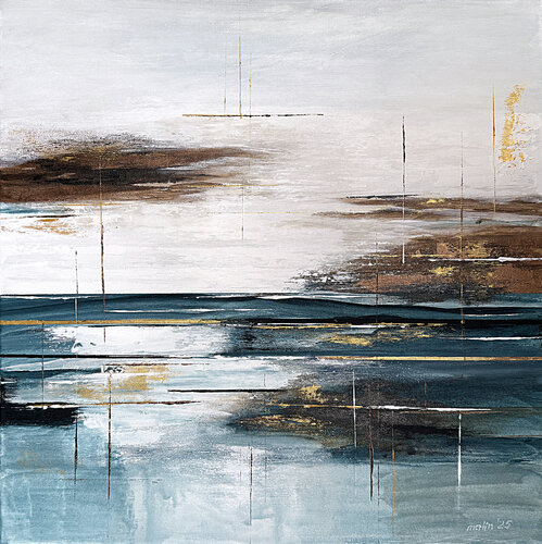 Traces of Light – Original Abstract Acrylic Painting on Canvas, Blue Beige and Gold Textured Wall Art, Modern Coastal Inspired Artwork Tatiana Malinovscaia