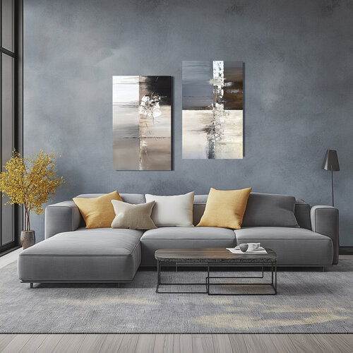 Between Stillness and Motion – Original Abstract Diptych, Textured Acrylic Paintings on Canvas, Neutral Beige Gray Wall Art, Modern Minimalist Home Decor von Tatiana Malinovscaia, Malerei kaufen auf Singulart