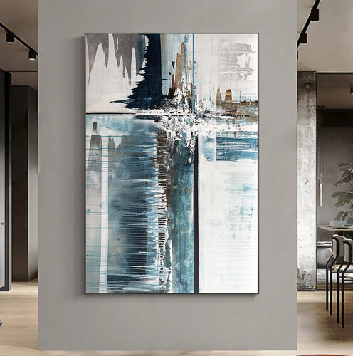 Depth of Connection – Large Abstract Painting on Canvas, Textured Acrylic Artwork in Blue, White, and Gray, Modern Contemporary Wall Art for Living Room par Tatiana Malinovscaia, Peinture en vente sur Singulart