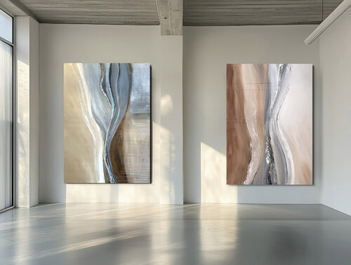Flowing Continuum – Large Beige and Silver Abstract Diptych, Textured Acrylic Painting on Canvas Tatiana Malinovscaia