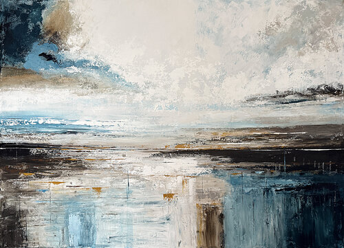 Tidal Resonance – Large Blue and Beige Abstract Painting, Textured Acrylic on Canvas by Tatiana Malinovscaia, Painting for Sale on Singulart