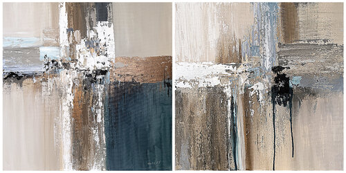 Silent Driftlines. Gold Neutral Beige Gray SET diptych par Tatiana Malinovscaia, Peinture en vente sur Singulart