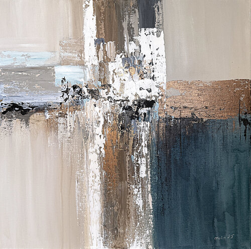 Soft Structures – Beige and Blue, golden, Textured Abstract Painting, Acrylic on Canvas Tatiana Malinovscaia