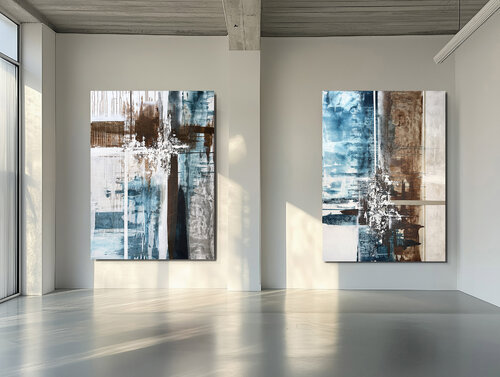 Teal and Umber Abstract Diptych • Large Modern Acrylic Painting on Canvas • Contemporary Textured Art Set by Tatiana Malinovscaia, Painting for Sale on Singulart