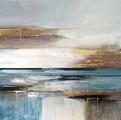 Coastal Layered Still –  Textured Acrylic Painting in Beige, Teal Golden White | Modern Contemporary Wall Art Tatiana Malinovscaia