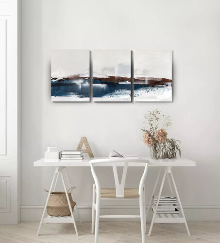 Between Still Moments – Abstract Triptych Painting 3-Panel Set | Blue Neutral Textured Acrylic Canvas Art van Tatiana Malinovscaia, Schilderij te koop op Singulart