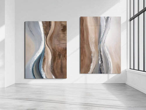 Parallel Currents – Large Abstract Diptych | Neutral Blue Textured di Tatiana Malinovscaia, Pittura in vendita su Singulart