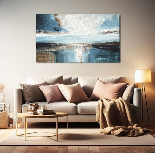 Where the Light Settles – Large Abstract Blue Beige Acrylic Painting van Tatiana Malinovscaia, Schilderij te koop op Singulart