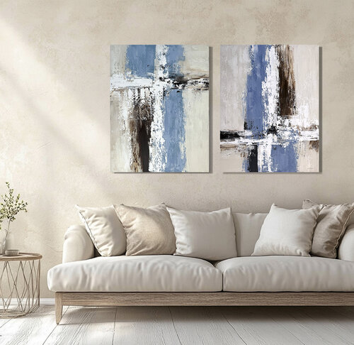 Aligned Within – Abstract Blue Beige Acrylic Diptych, Set of 2 Contemporary Paintings on Canvas di Tatiana Malinovscaia, Pittura in vendita su Singulart