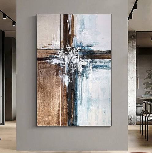 Point of Convergence – Large Abstract Blue Beige Acrylic Painting, Contemporary Vertical Wall Art on Canvas di Tatiana Malinovscaia, Pittura in vendita su Singulart