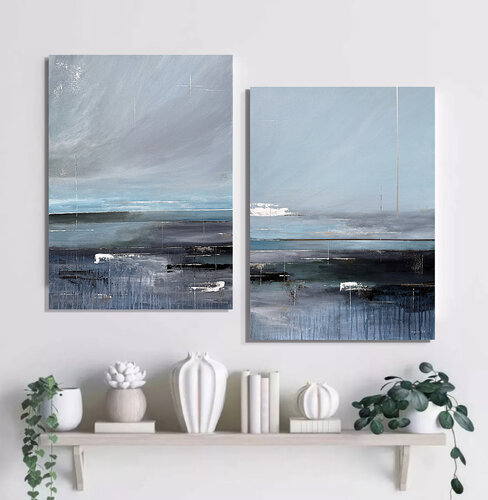 Aligned Stillness – Blue Grey Abstract Diptych, Contemporary Acrylic Wall Art, Minimalist par Tatiana Malinovscaia, Peinture en vente sur Singulart