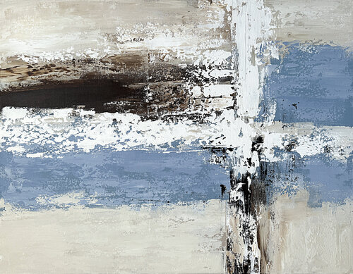 Structured Balance – Contemporary Abstract Painting, Neutral Blue Beige Acrylic Art, Textured Modern Wall Artwork par Tatiana Malinovscaia, Peinture en vente sur Singulart