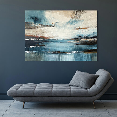 Tidal Interval – Large Contemporary Abstract Painting, Blue Beige Textured Acrylic Wall Art, Modern Minimal Interior Artwork par Tatiana Malinovscaia, Peinture en vente sur Singulart