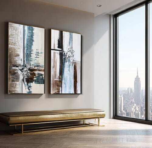 Parallel Currents – Large Contemporary Abstract Diptych, Blue Beige Textured Acrylic Painting, Modern Minimal Wall Art Set par Tatiana Malinovscaia, Peinture en vente sur Singulart
