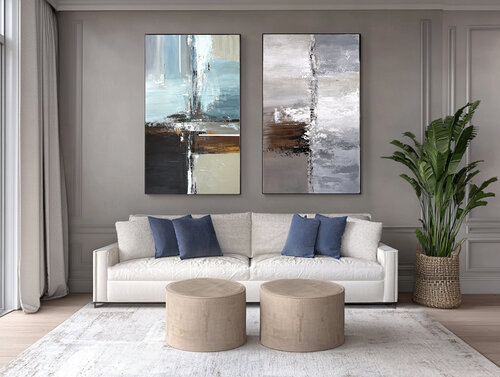 Parallel Balance – Large Contemporary Abstract Diptych, Neutral Textured Acrylic Paintings, Modern Minimal Wall Art by Tatiana Malinovscaia, Painting for Sale on Singulart