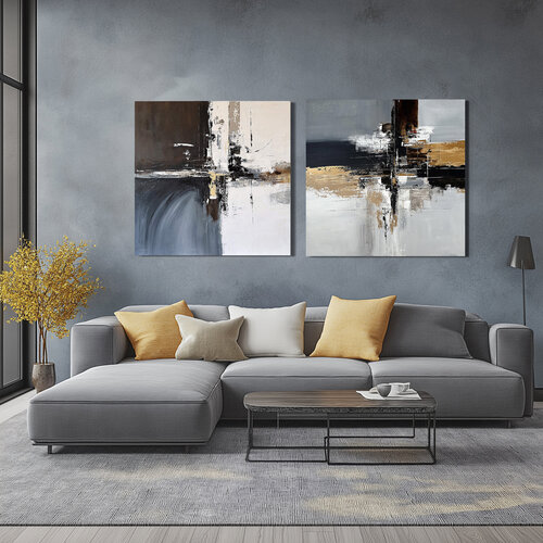 Measured Tension – Large Contemporary Abstract Diptych, Square Neutral Textured Acrylic Paintings for Modern Interiors von Tatiana Malinovscaia, Malerei kaufen auf Singulart