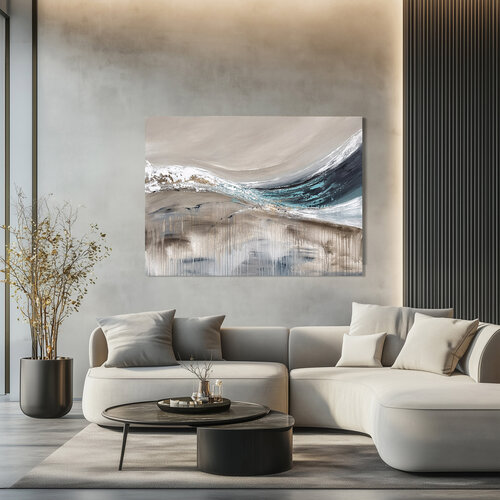 Moment Between Forms – Contemporary Abstract Painting, Large Neutral Acrylic Art in Beige, Grey and Blue Golden accents Tatiana Malinovscaia