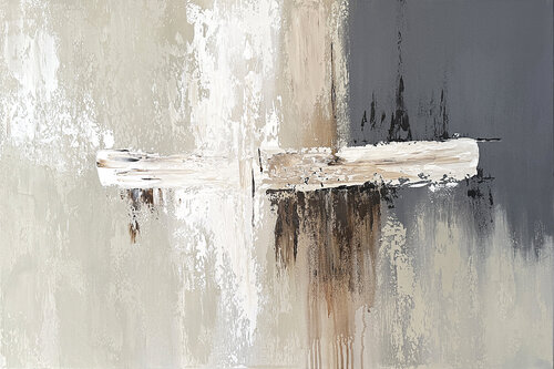 Contemporary Abstract Painting, Neutral Beige Grey White Acrylic on Canvas- Soft Axis van Tatiana Malinovscaia, Schilderij te koop op Singulart