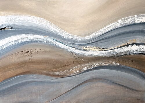 Interwoven Currents – Large Contemporary Abstract Painting, Neutral Beige Grey Golden by Tatiana Malinovscaia, Painting for Sale on Singulart