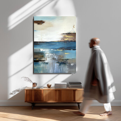 Silent Gold Current – Large Vertical Abstract Painting with Gold Accents, Contemporary Neutral Wall Art, Textured Acrylic on Canvas by Tatiana Malinovscaia, Painting for Sale on Singulart