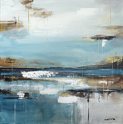 Stillwater in Gold Light – Small Square Contemporary Abstract Painting 40×40 cm, Blue Beige Acrylic with Gold Accents by Tatiana Malinovscaia, Painting for Sale on Singulart