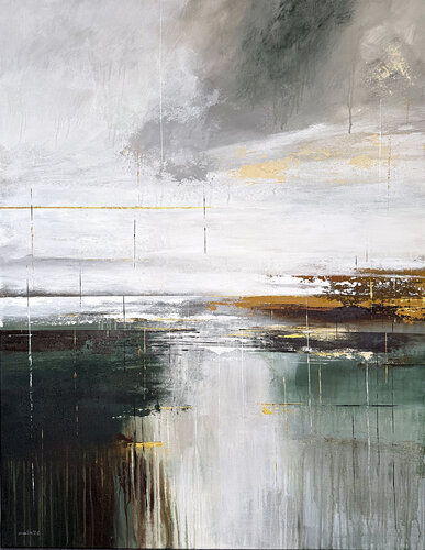 Emerald Divide – Large Contemporary Abstract Painting 100x130 cm, Green Grey Luxury Wall Art di Tatiana Malinovscaia, Pittura in vendita su Singulart