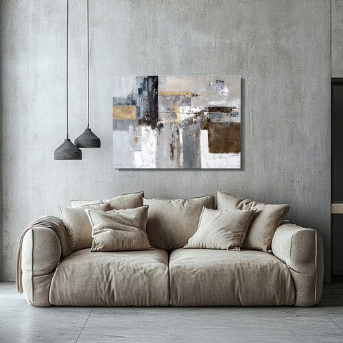 Structured Radiance – Large Contemporary Abstract Painting 100x70 cm, Neutral Beige Grey Gold Wall Art by Tatiana Malinovscaia, Painting for Sale on Singulart