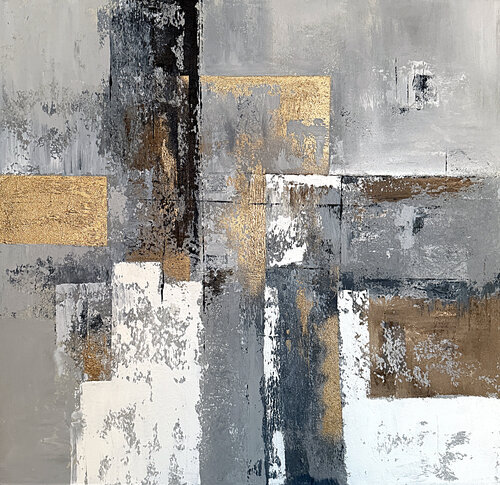 Architectural Ember – Large Square Contemporary Abstract Painting 80x80 cm, Grey Beige Gold Textured Wall Art by Tatiana Malinovscaia, Painting for Sale on Singulart