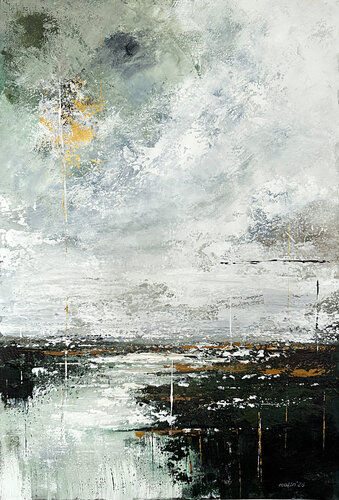 Emerald Light Passage – Contemporary Abstract Landscape, Green Grey Textured von Tatiana Malinovscaia, Malerei kaufen auf Singulart