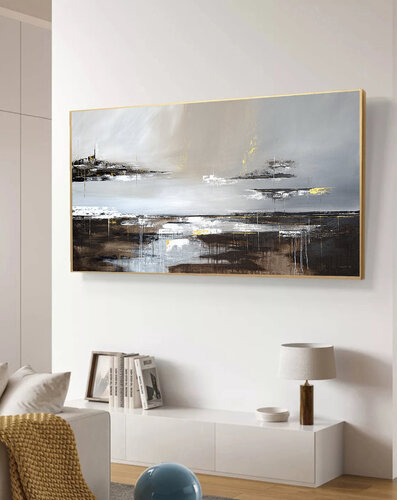Large Horizontal Contemporary Abstract Painting 140x80 cm – Neutral Brown Grey Gold Textured Acrylic Canvas Wall Art by Tatiana Malinovscaia, Painting for Sale on Singulart