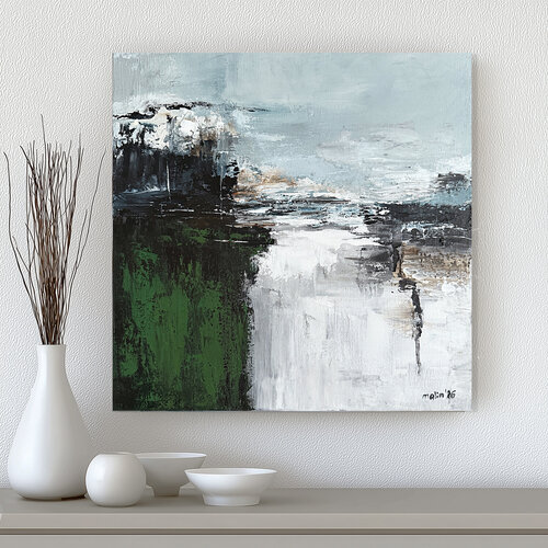 Small Square Abstract Painting Blue Green Contemporary Acrylic Seascape Canvas Emerald Tide Passage di Tatiana Malinovscaia, Pittura in vendita su Singulart
