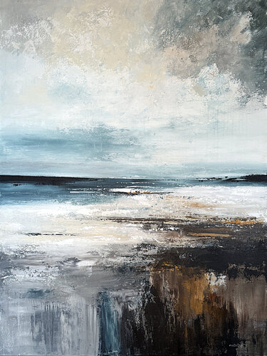 Celestial Shoreline – Large Vertical Contemporary Abstract Seascape, Acrylic on Canvas, 90 × 120 cm di Tatiana Malinovscaia, Pittura in vendita su Singulart