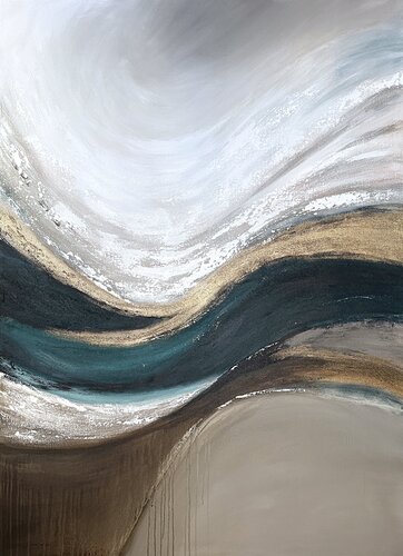 Sculpted Currents-Teal Beige Brown Gold Contemporary Textured Acrylic Canvas Wall Art von Tatiana Malinovscaia, Malerei kaufen auf Singulart
