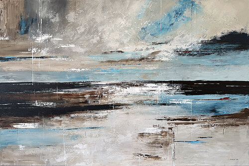 Azure Tidal Layers – Blue Grey Contemporary Wall Art, Textured Acrylic Landscape 120x80 cm di Tatiana Malinovscaia, Pittura in vendita su Singulart