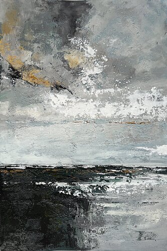Ochre Sky Drift –Grey Blue Contemporary Wall Art with Ochre Accents, Textured de Tatiana Malinovscaia, Pintura a la venta en Singulart
