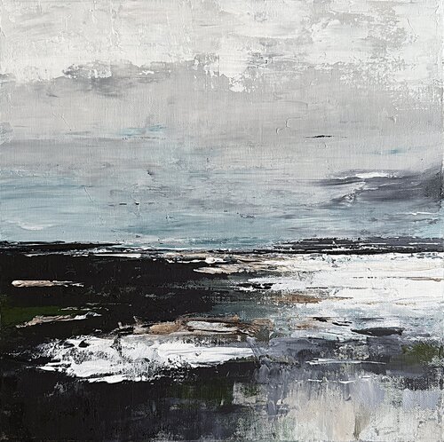 Silver Tidefields-Small Square Abstract Painting Blue Green Contemporary Acrylic Seascape von Tatiana Malinovscaia, Malerei kaufen auf Singulart