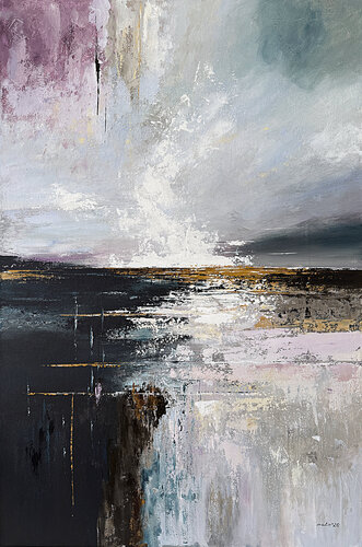 Violet Driftlight – Large Contemporary Abstract Painting 120×80 cm, Blue Grey Purple Textured Wall Art de Tatiana Malinovscaia, Pintura a la venta en Singulart