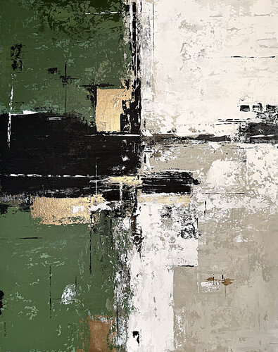 Verdant Axis – Green Beige Abstract with Gold Texture Large Acrylic Painting by Tatiana Malinovscaia, Painting for Sale on Singulart