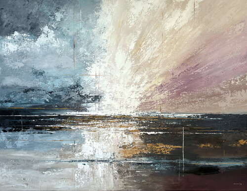 Radiant Divide – Blue Pink Abstract Landscape Large Textured Acrylic Painting di Tatiana Malinovscaia, Pittura in vendita su Singulart